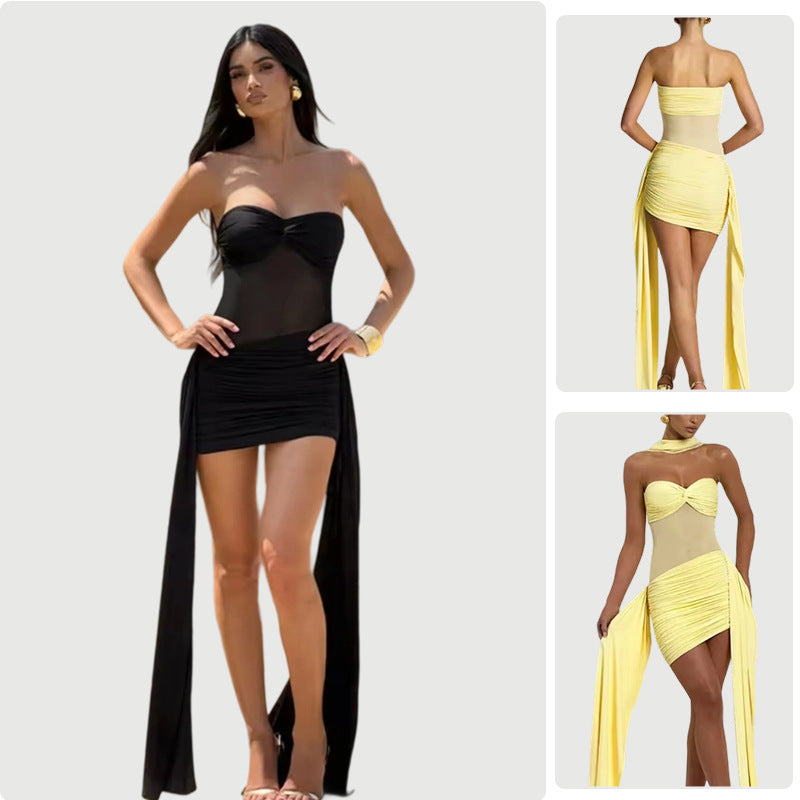Ladies' Mesh Stitching Pure Color Tube-top Dress