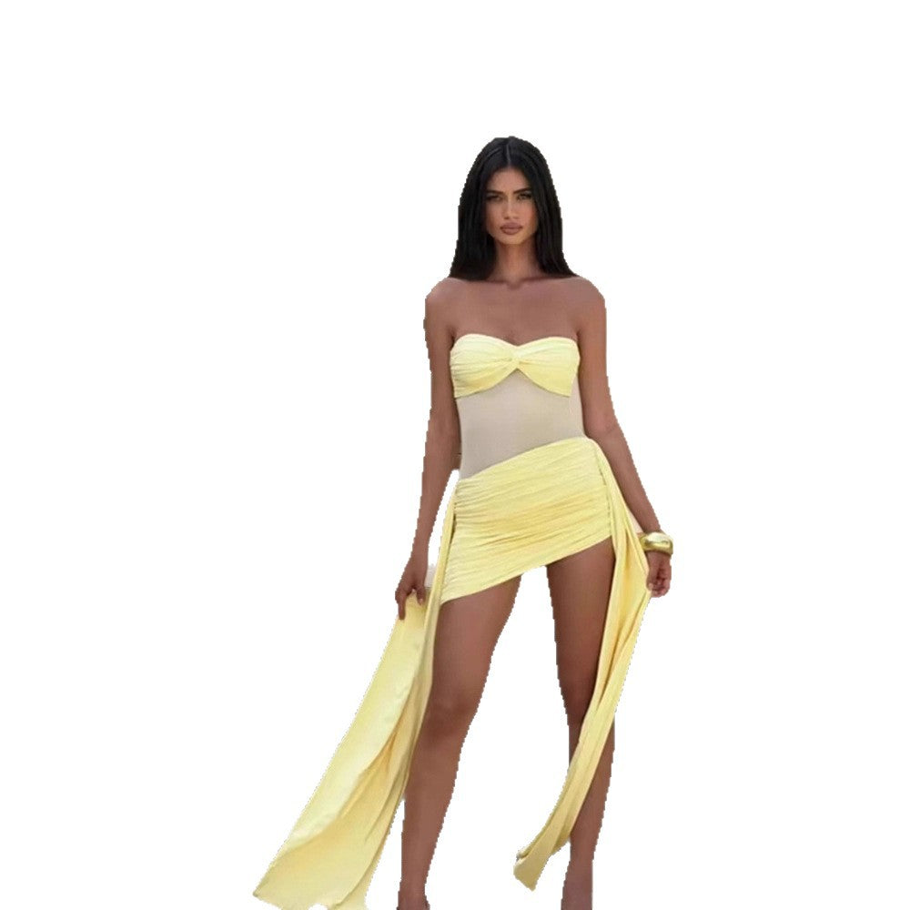 Ladies' Mesh Stitching Pure Color Tube-top Dress